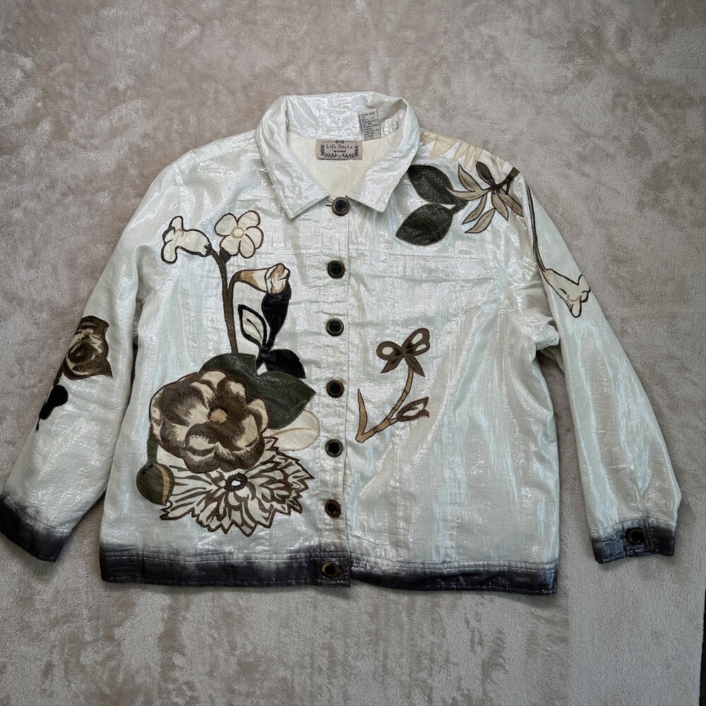 Life Style Jacket Womens 2XL Silver Metallic Floral Applique Button Front Ombre
